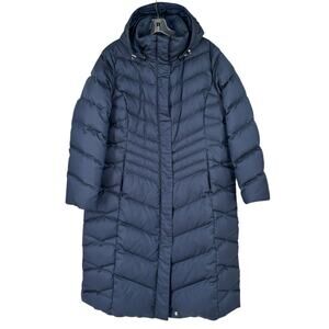 Lands End Down Coat Womens XL Navy Blue Puffer Quilted Long Coat Hooded